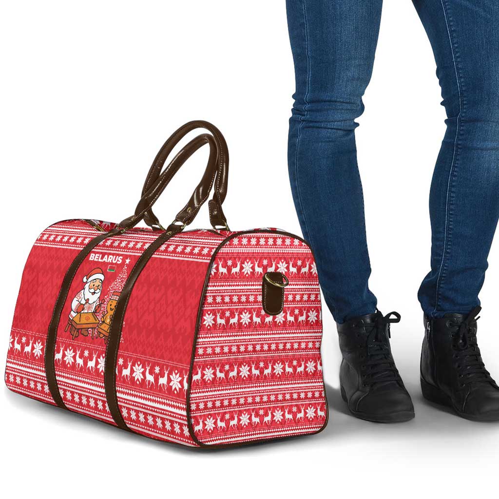 Belarus Christmas Travel Bag with Santa Gingerbread Playing Chess National Emblem and Nordic Pattern Design - Wonder Print Shop