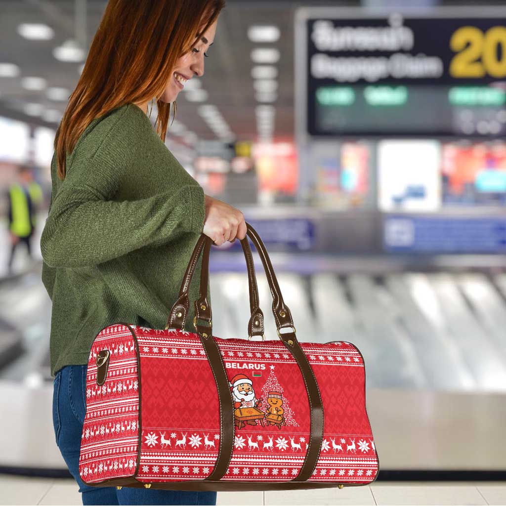 Belarus Christmas Travel Bag with Santa Gingerbread Playing Chess National Emblem and Nordic Pattern Design - Wonder Print Shop