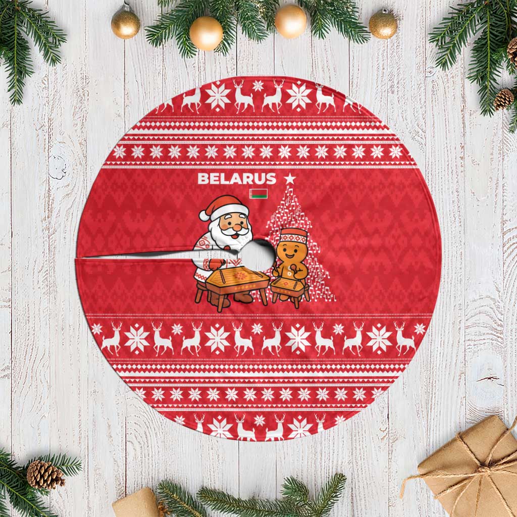 Belarus Christmas Tree Skirt with Santa Gingerbread Playing Chess National Emblem and Nordic Pattern Design - Wonder Print Shop
