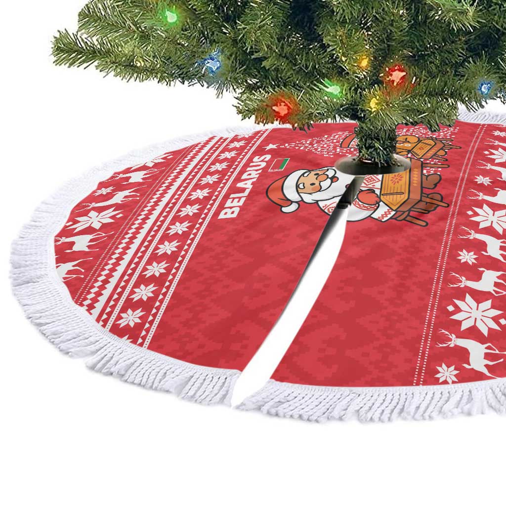 Belarus Christmas Tree Skirt with Santa Gingerbread Playing Chess National Emblem and Nordic Pattern Design - Wonder Print Shop