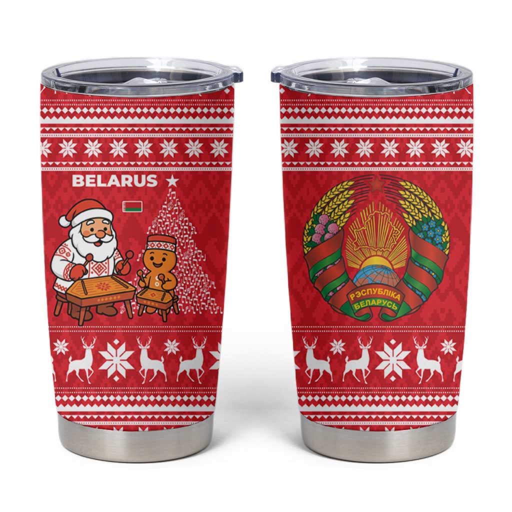 Belarus Christmas Tumbler Cup with Santa Gingerbread Playing Chess National Emblem and Nordic Pattern Design - Wonder Print Shop