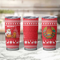Belarus Christmas Tumbler Cup with Santa Gingerbread Playing Chess National Emblem and Nordic Pattern Design - Wonder Print Shop