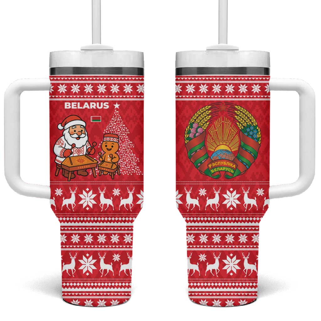 Belarus Christmas Tumbler With Handle with Santa Gingerbread Playing Chess National Emblem and Nordic Pattern Design - Wonder Print Shop