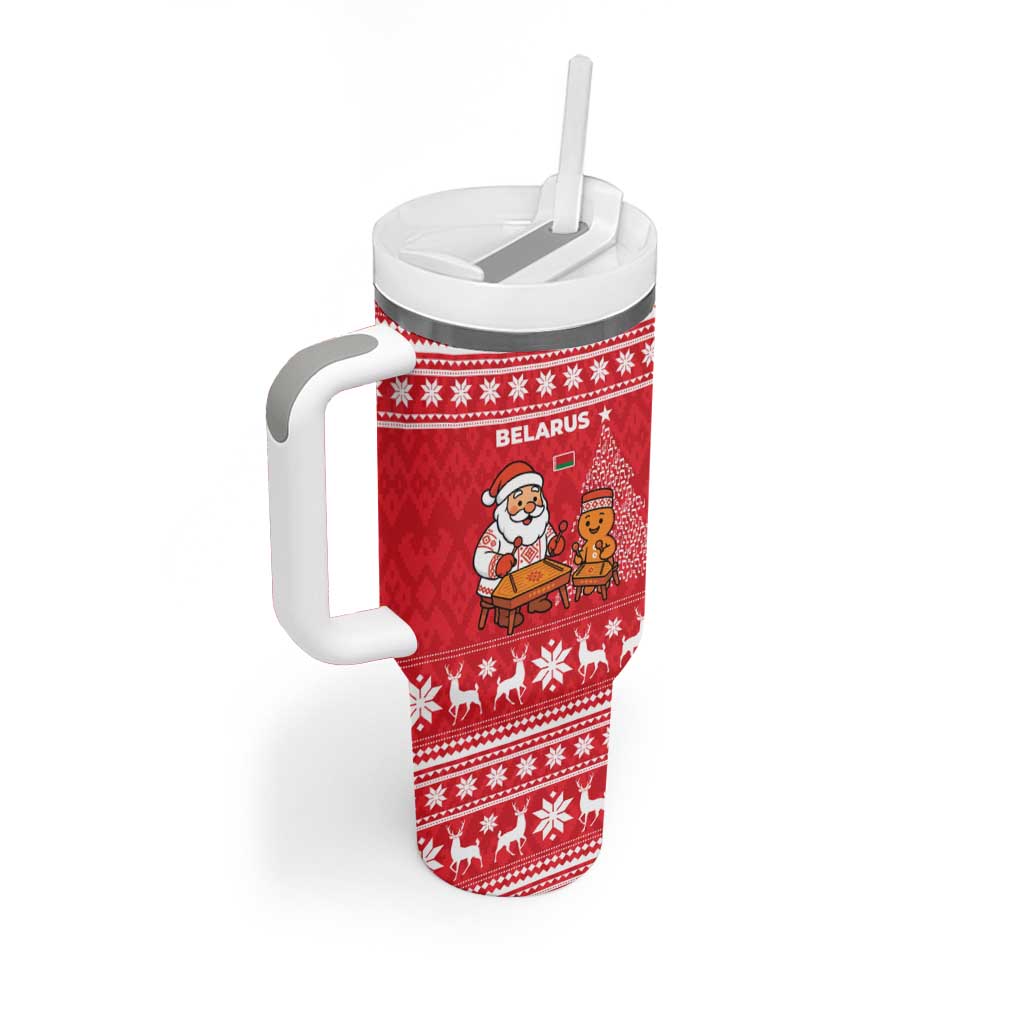 Belarus Christmas Tumbler With Handle with Santa Gingerbread Playing Chess National Emblem and Nordic Pattern Design - Wonder Print Shop