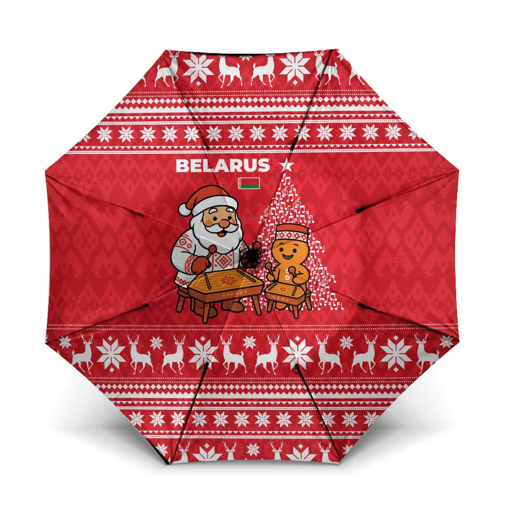 Belarus Christmas Umbrella with Santa Gingerbread Playing Chess National Emblem and Nordic Pattern Design - Wonder Print Shop