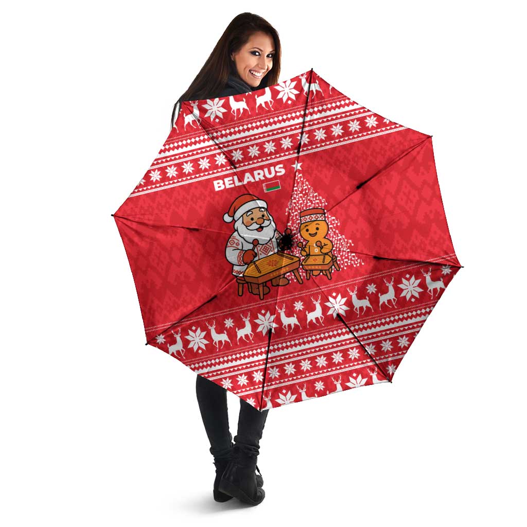Belarus Christmas Umbrella with Santa Gingerbread Playing Chess National Emblem and Nordic Pattern Design - Wonder Print Shop