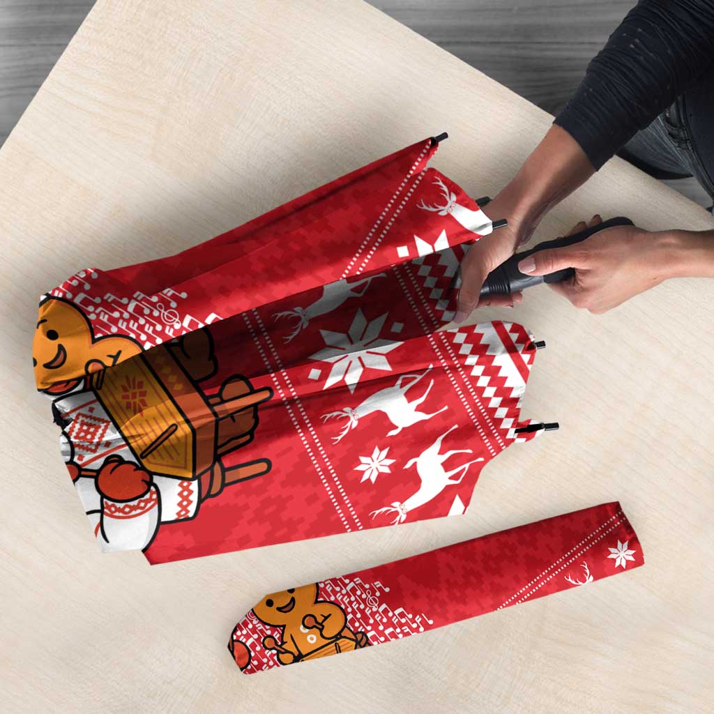 Belarus Christmas Umbrella with Santa Gingerbread Playing Chess National Emblem and Nordic Pattern Design - Wonder Print Shop