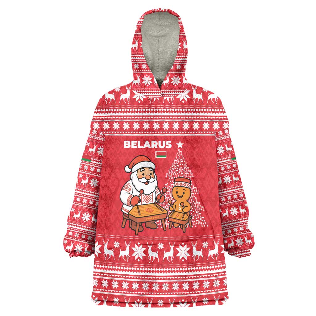 Belarus Christmas Wearable Blanket Hoodie with Santa Gingerbread Playing Chess National Emblem and Nordic Pattern Design - Wonder Print Shop