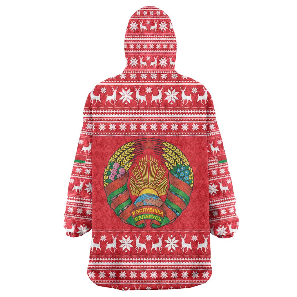Belarus Christmas Wearable Blanket Hoodie with Santa Gingerbread Playing Chess National Emblem and Nordic Pattern Design - Wonder Print Shop