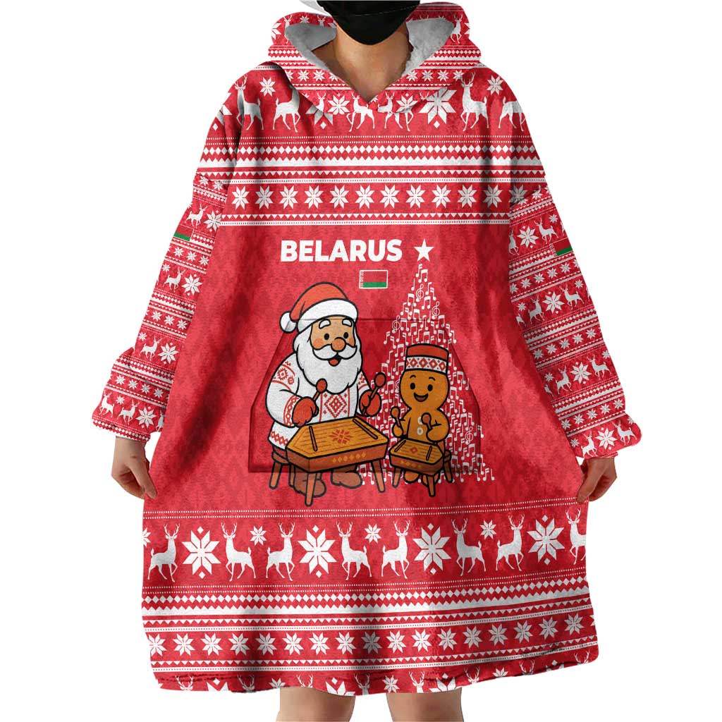 Belarus Christmas Wearable Blanket Hoodie with Santa Gingerbread Playing Chess National Emblem and Nordic Pattern Design - Wonder Print Shop