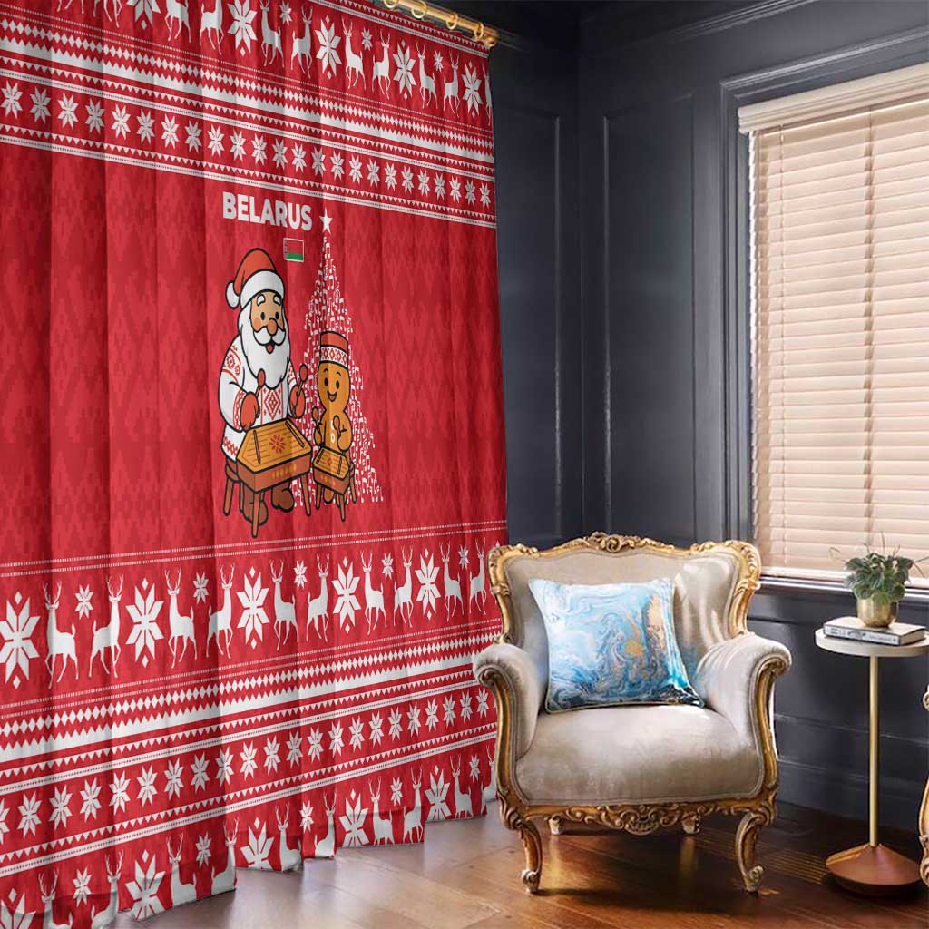 Belarus Christmas Window Curtain with Santa Gingerbread Playing Chess National Emblem and Nordic Pattern Design - Wonder Print Shop