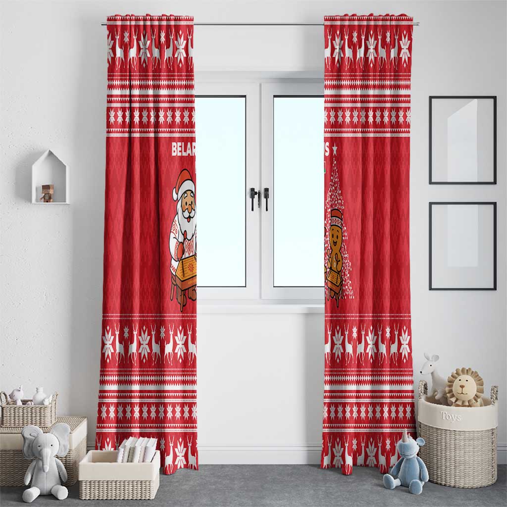 Belarus Christmas Window Curtain with Santa Gingerbread Playing Chess National Emblem and Nordic Pattern Design - Wonder Print Shop