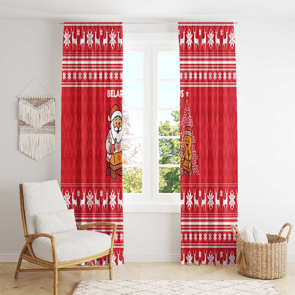 Belarus Christmas Window Curtain with Santa Gingerbread Playing Chess National Emblem and Nordic Pattern Design - Wonder Print Shop
