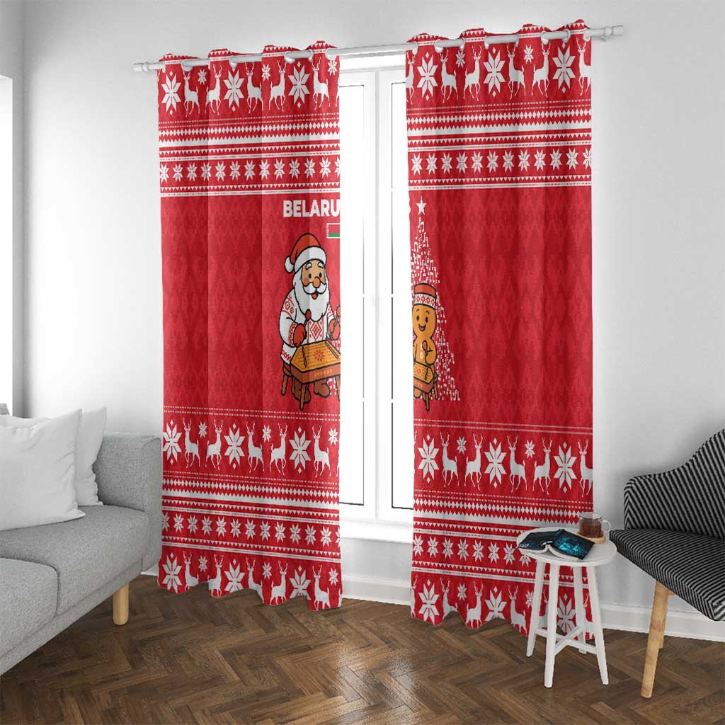 Belarus Christmas Window Curtain with Santa Gingerbread Playing Chess National Emblem and Nordic Pattern Design - Wonder Print Shop
