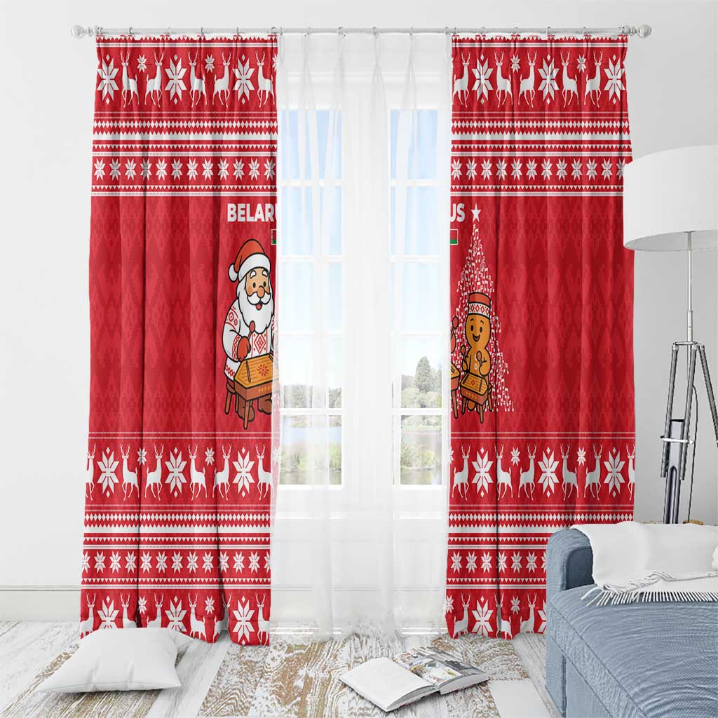 Belarus Christmas Window Curtain with Santa Gingerbread Playing Chess National Emblem and Nordic Pattern Design - Wonder Print Shop