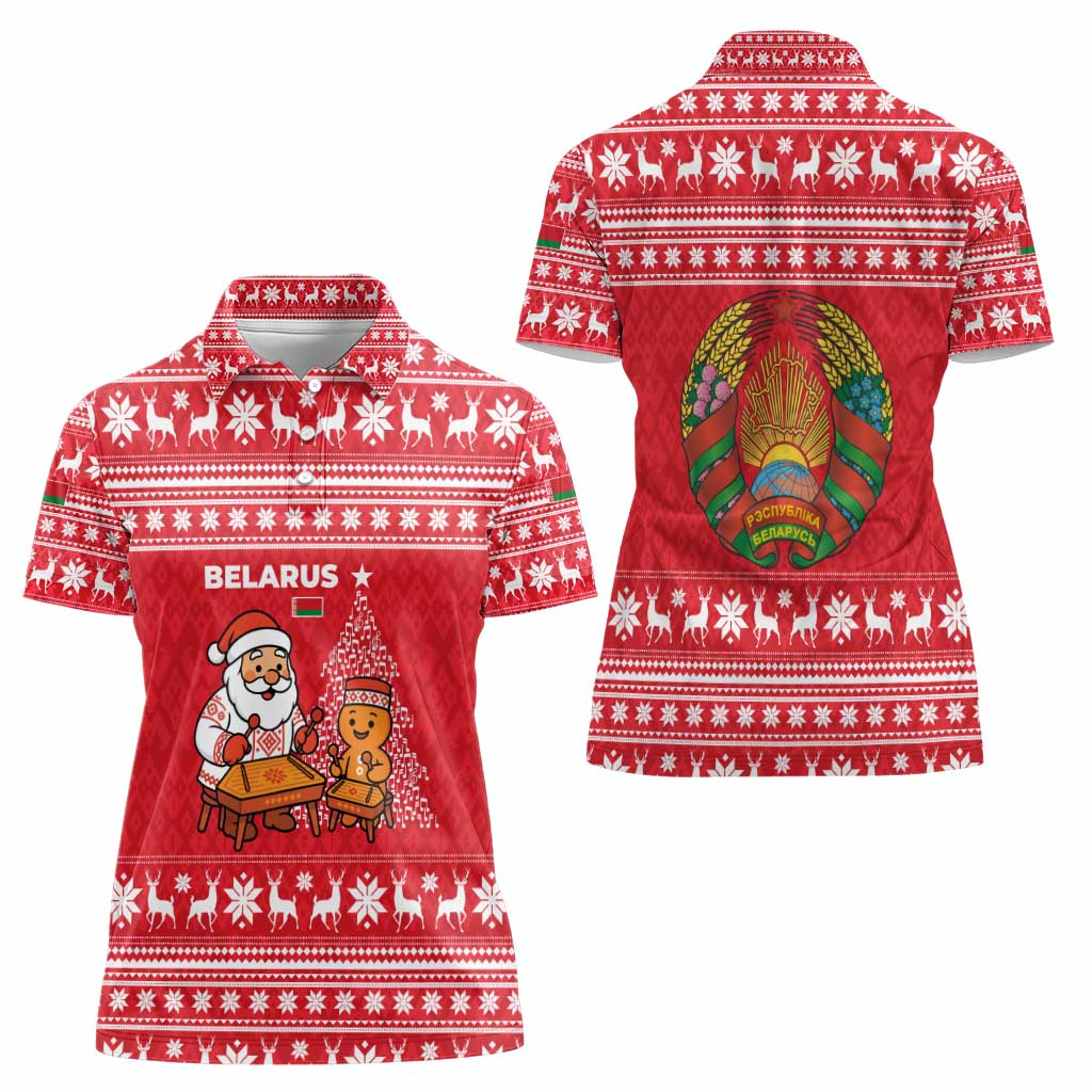 Belarus Christmas Women Polo Shirt with Santa Gingerbread Playing Chess National Emblem and Nordic Pattern Design - Wonder Print Shop