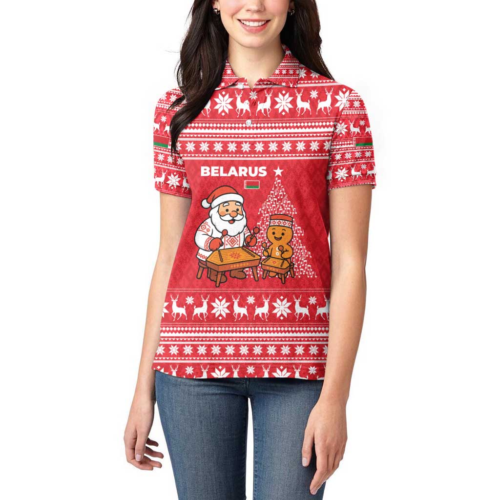 Belarus Christmas Women Polo Shirt with Santa Gingerbread Playing Chess National Emblem and Nordic Pattern Design - Wonder Print Shop