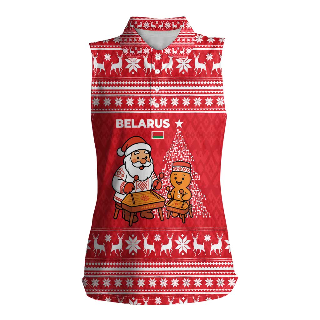 Belarus Christmas Women Sleeveless Polo Shirt with Santa Gingerbread Playing Chess National Emblem and Nordic Pattern Design - Wonder Print Shop