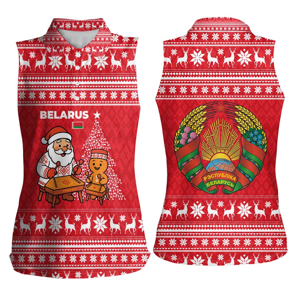 Belarus Christmas Women Sleeveless Polo Shirt with Santa Gingerbread Playing Chess National Emblem and Nordic Pattern Design - Wonder Print Shop