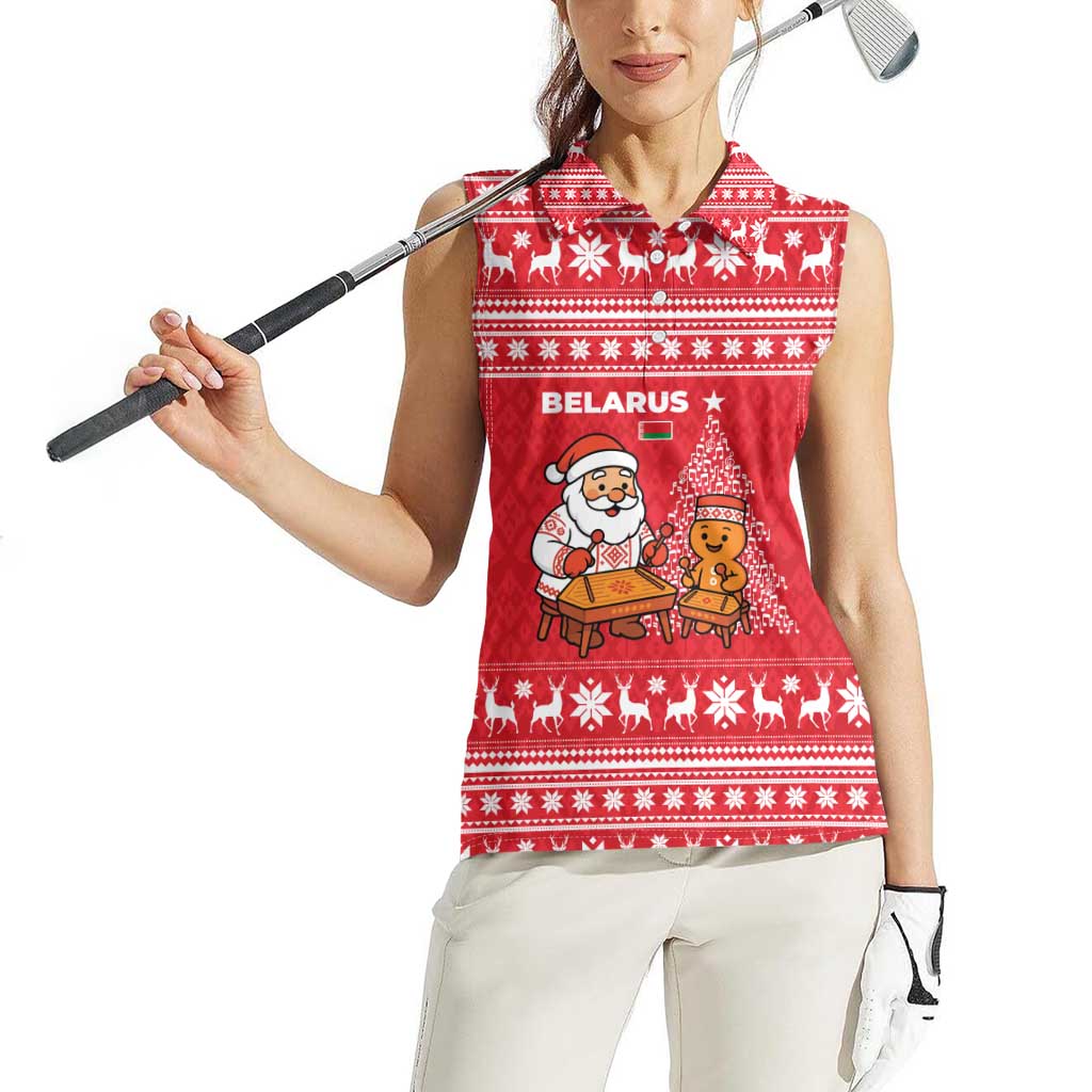 Belarus Christmas Women Sleeveless Polo Shirt with Santa Gingerbread Playing Chess National Emblem and Nordic Pattern Design - Wonder Print Shop
