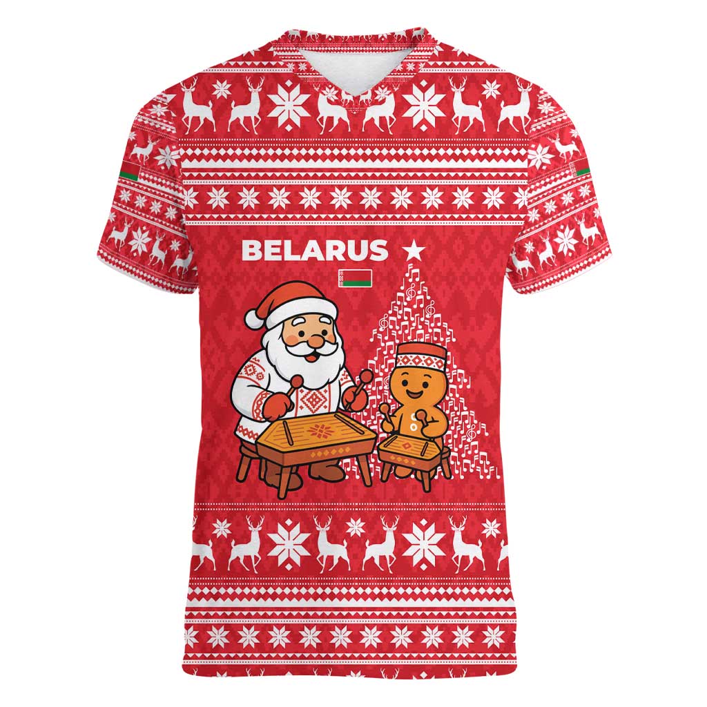 Belarus Christmas Women V-Neck T-Shirt with Santa Gingerbread Playing Chess National Emblem and Nordic Pattern Design - Wonder Print Shop