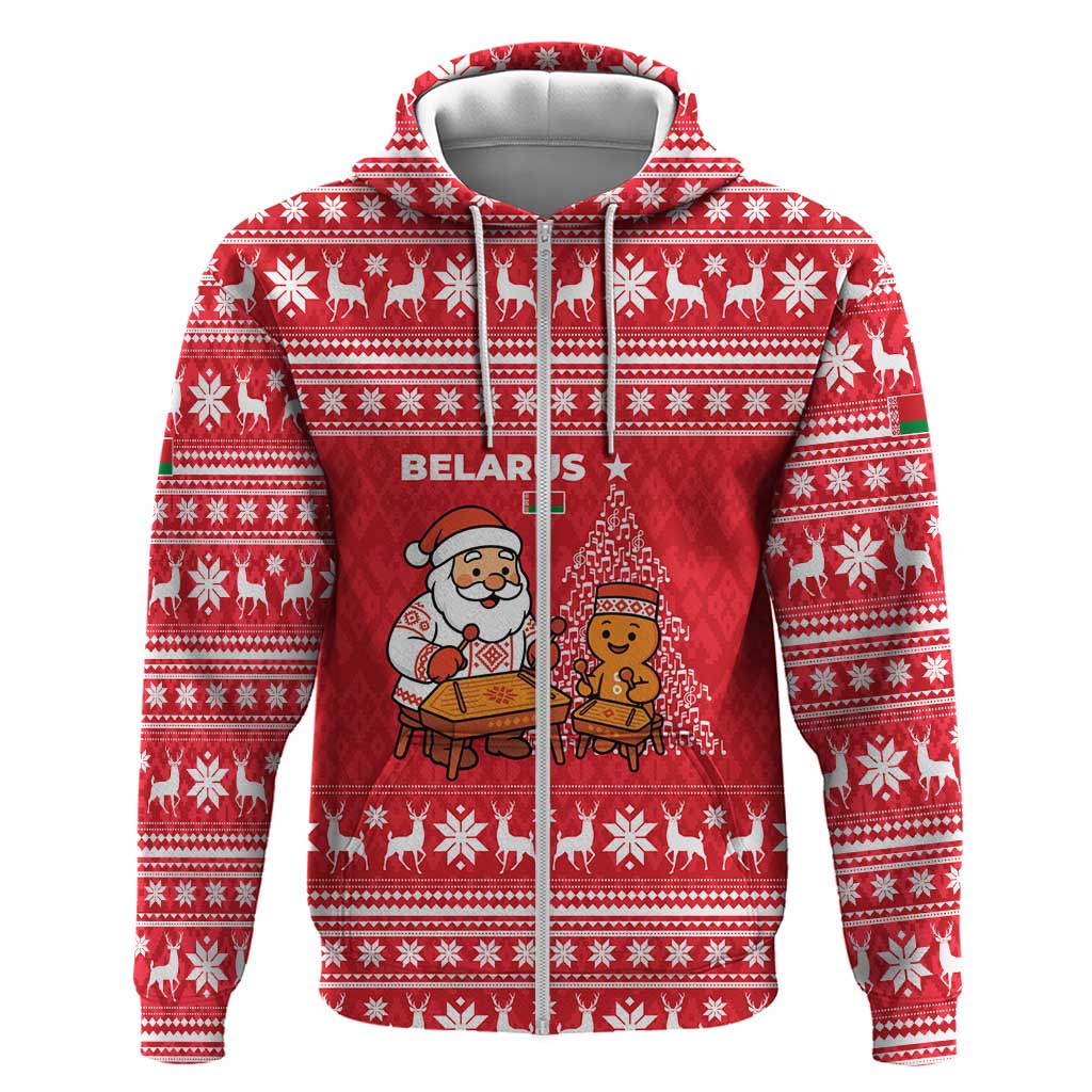 Belarus Christmas Zip Hoodie with Santa Gingerbread Playing Chess National Emblem and Nordic Pattern Design - Wonder Print Shop