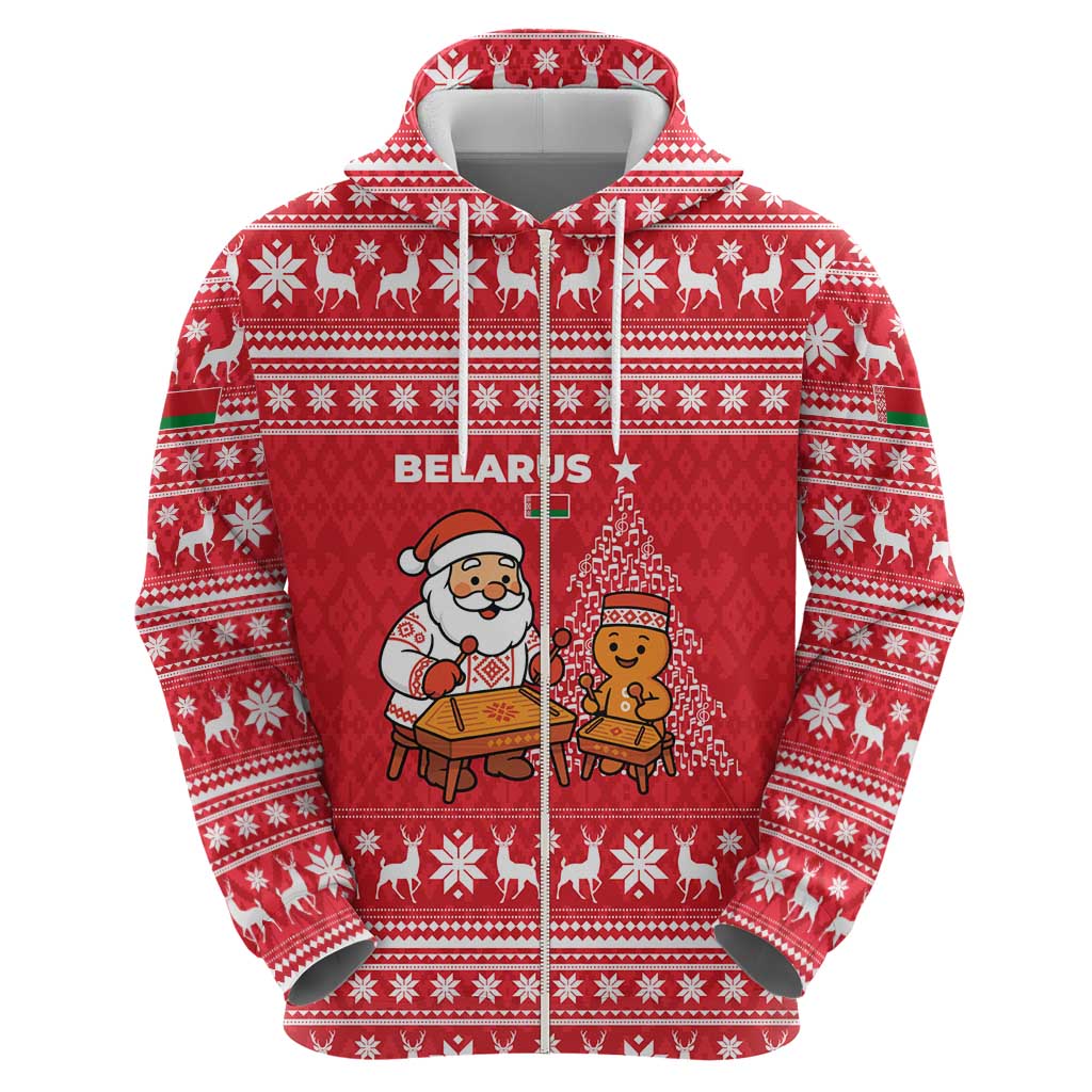 Belarus Christmas Zip Hoodie with Santa Gingerbread Playing Chess National Emblem and Nordic Pattern Design - Wonder Print Shop