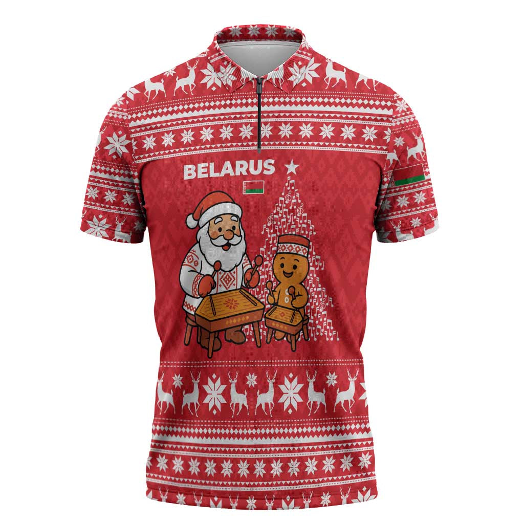 Belarus Christmas Zipper Polo Shirt with Santa Gingerbread Playing Chess National Emblem and Nordic Pattern Design - Wonder Print Shop