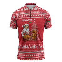 Belarus Christmas Zipper Polo Shirt with Santa Gingerbread Playing Chess National Emblem and Nordic Pattern Design - Wonder Print Shop