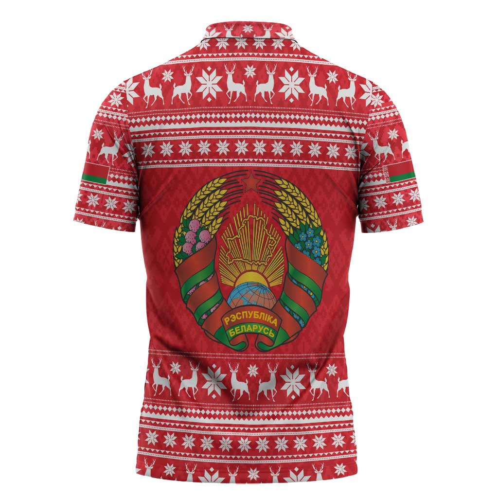 Belarus Christmas Zipper Polo Shirt with Santa Gingerbread Playing Chess National Emblem and Nordic Pattern Design - Wonder Print Shop