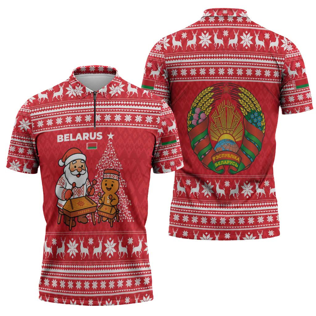 Belarus Christmas Zipper Polo Shirt with Santa Gingerbread Playing Chess National Emblem and Nordic Pattern Design - Wonder Print Shop