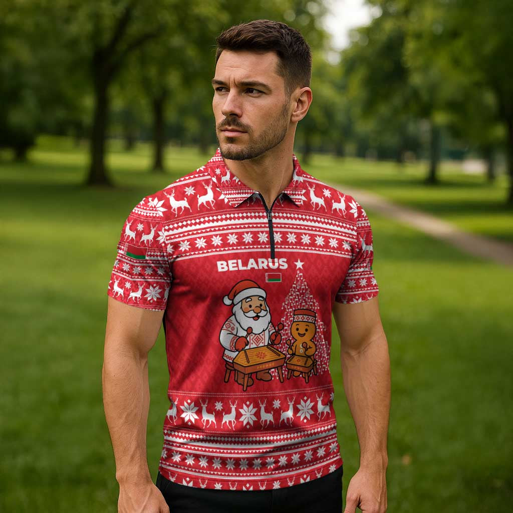 Belarus Christmas Zipper Polo Shirt with Santa Gingerbread Playing Chess National Emblem and Nordic Pattern Design - Wonder Print Shop
