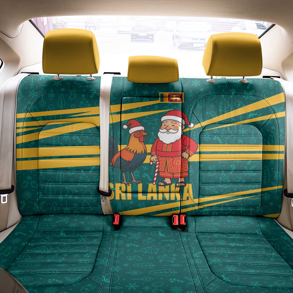 Sri Lanka Christmas Back Car Seat Cover with Santa Claus Rooster Festive Pattern and National Flag Design - Wonder Print Shop