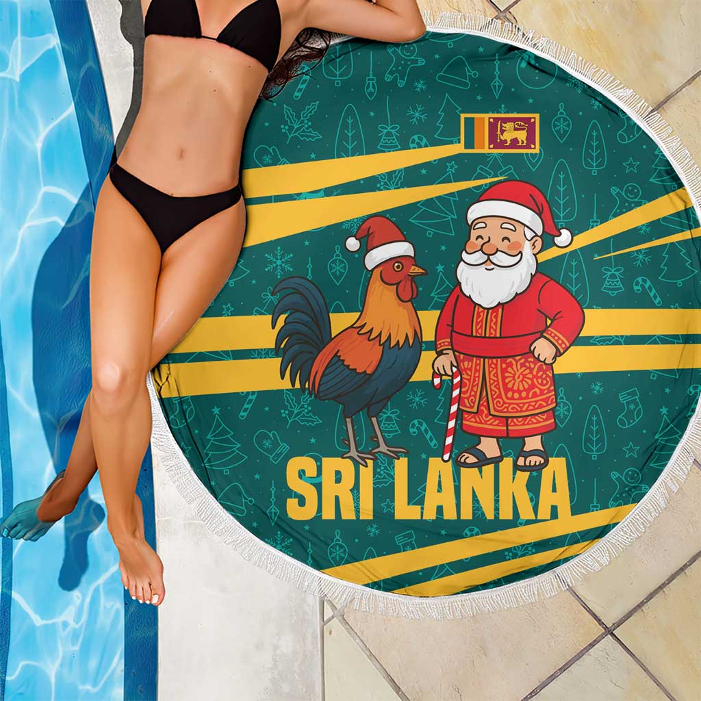 Sri Lanka Christmas Beach Blanket with Santa Claus Rooster Festive Pattern and National Flag Design - Wonder Print Shop