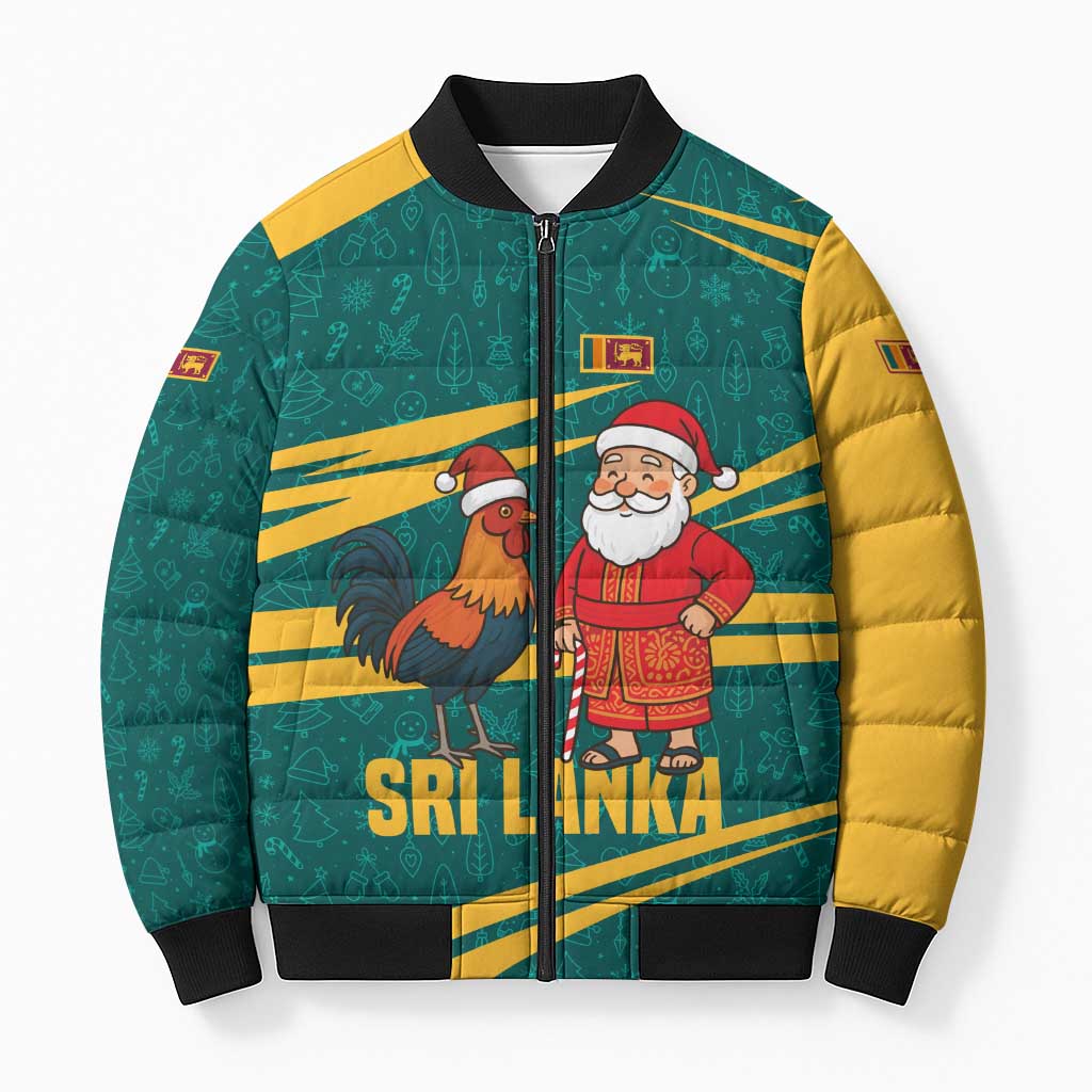 Sri Lanka Christmas Bomber Puffer Jacket with Santa Claus Rooster Festive Pattern and National Flag Design - Wonder Print Shop