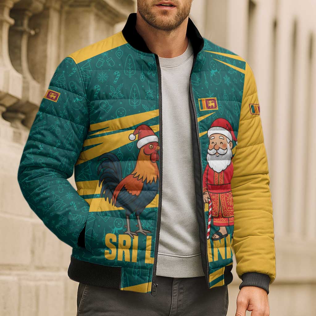Sri Lanka Christmas Bomber Puffer Jacket with Santa Claus Rooster Festive Pattern and National Flag Design - Wonder Print Shop