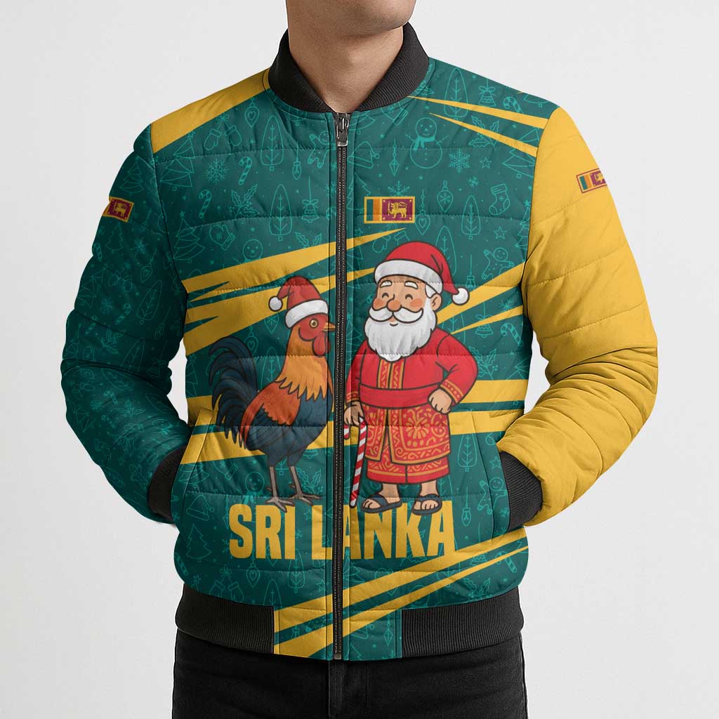 Sri Lanka Christmas Bomber Puffer Jacket with Santa Claus Rooster Festive Pattern and National Flag Design - Wonder Print Shop