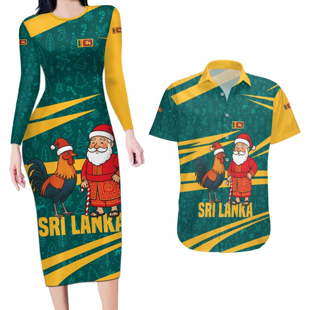 Sri Lanka Christmas Couples Matching Long Sleeve Bodycon Dress and Hawaiian Shirt with Santa Claus Rooster Festive Pattern and National Flag Design - Wonder Print Shop