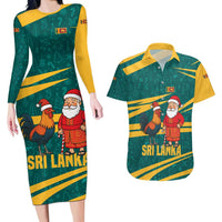 Sri Lanka Christmas Couples Matching Long Sleeve Bodycon Dress and Hawaiian Shirt with Santa Claus Rooster Festive Pattern and National Flag Design - Wonder Print Shop
