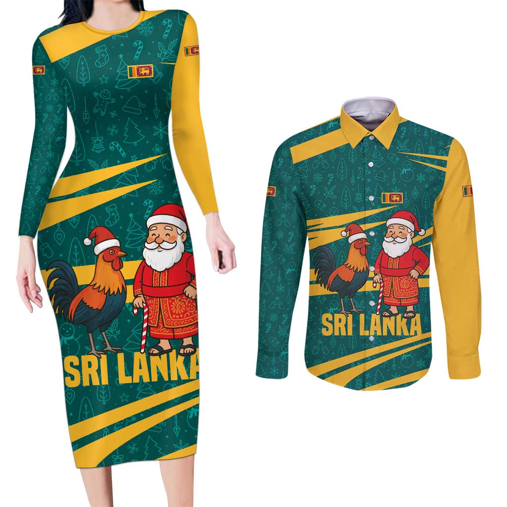 Sri Lanka Christmas Couples Matching Long Sleeve Bodycon Dress and Long Sleeve Button Shirt with Santa Claus Rooster Festive Pattern and National Flag Design - Wonder Print Shop