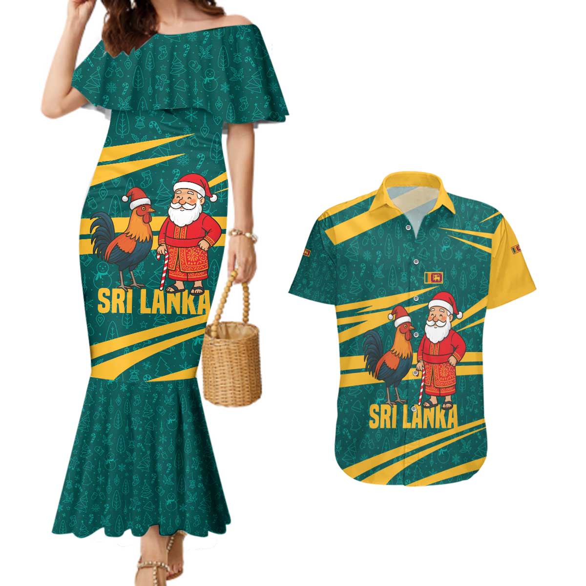 Sri Lanka Christmas Couples Matching Mermaid Dress and Hawaiian Shirt with Santa Claus Rooster Festive Pattern and National Flag Design - Wonder Print Shop
