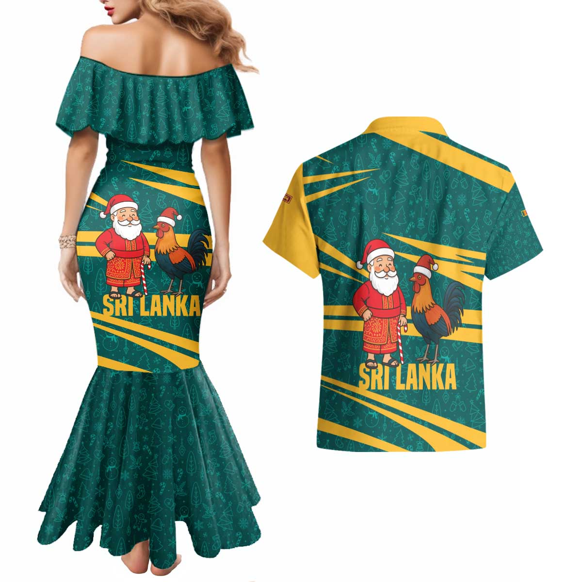 Sri Lanka Christmas Couples Matching Mermaid Dress and Hawaiian Shirt with Santa Claus Rooster Festive Pattern and National Flag Design - Wonder Print Shop