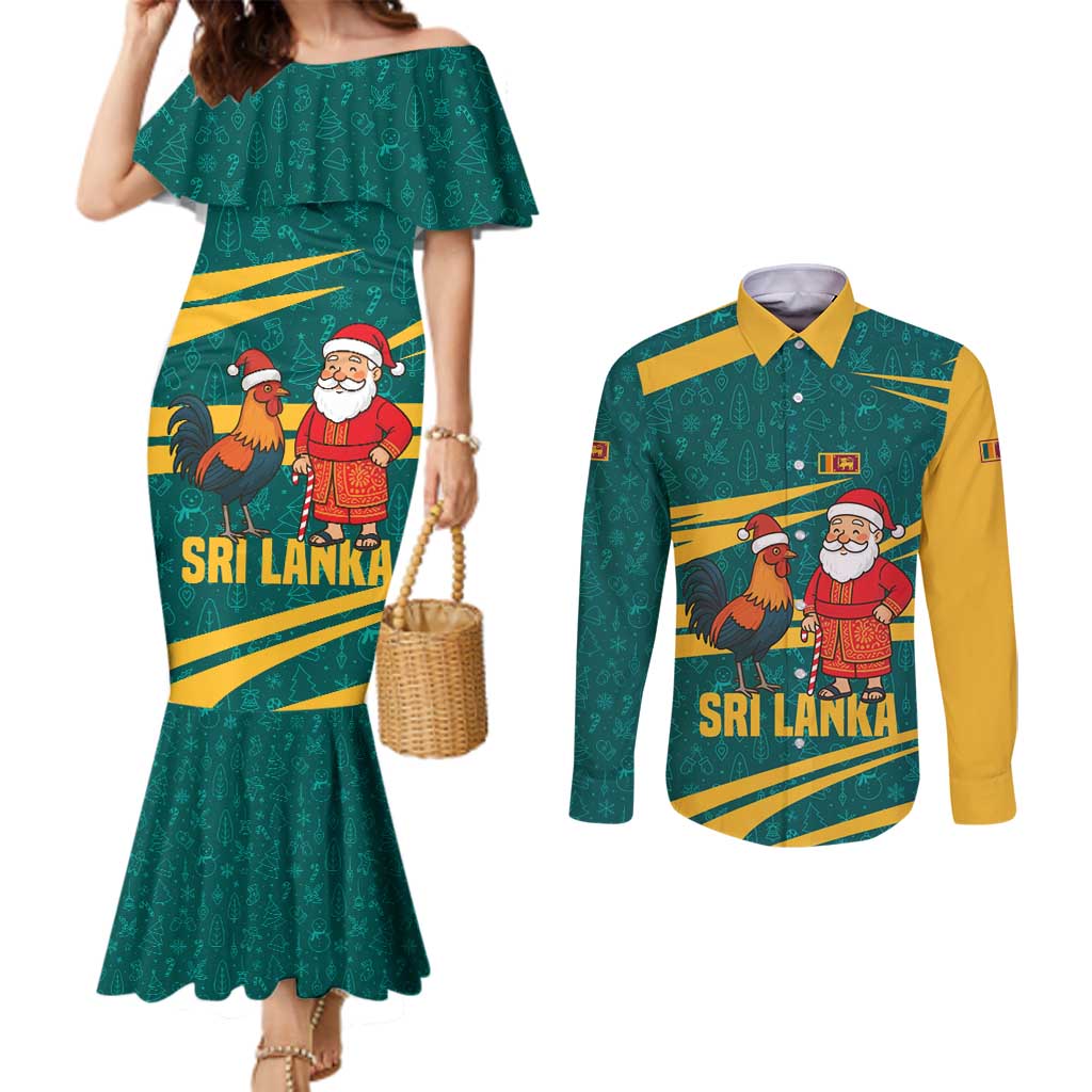 Sri Lanka Christmas Couples Matching Mermaid Dress and Long Sleeve Button Shirt with Santa Claus Rooster Festive Pattern and National Flag Design - Wonder Print Shop