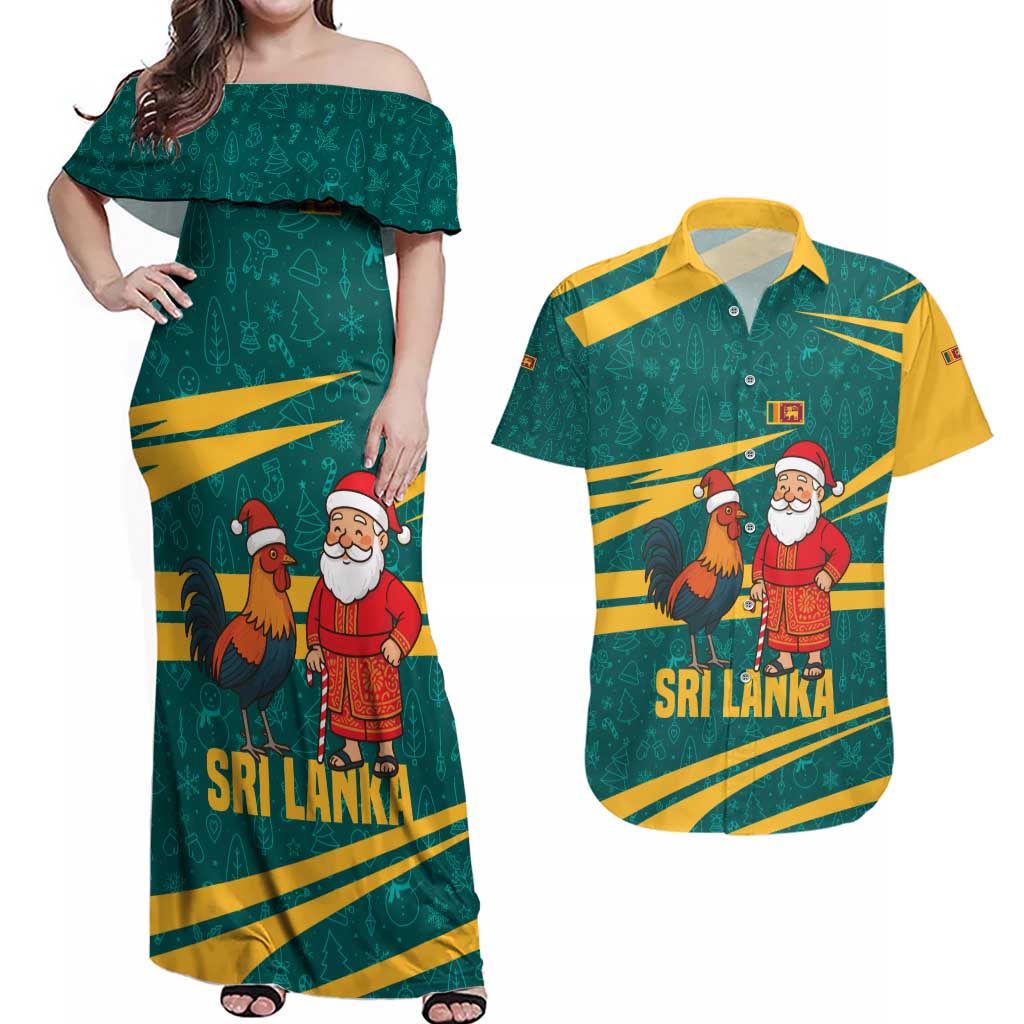 Sri Lanka Christmas Couples Matching Off Shoulder Maxi Dress and Hawaiian Shirt with Santa Claus Rooster Festive Pattern and National Flag Design - Wonder Print Shop