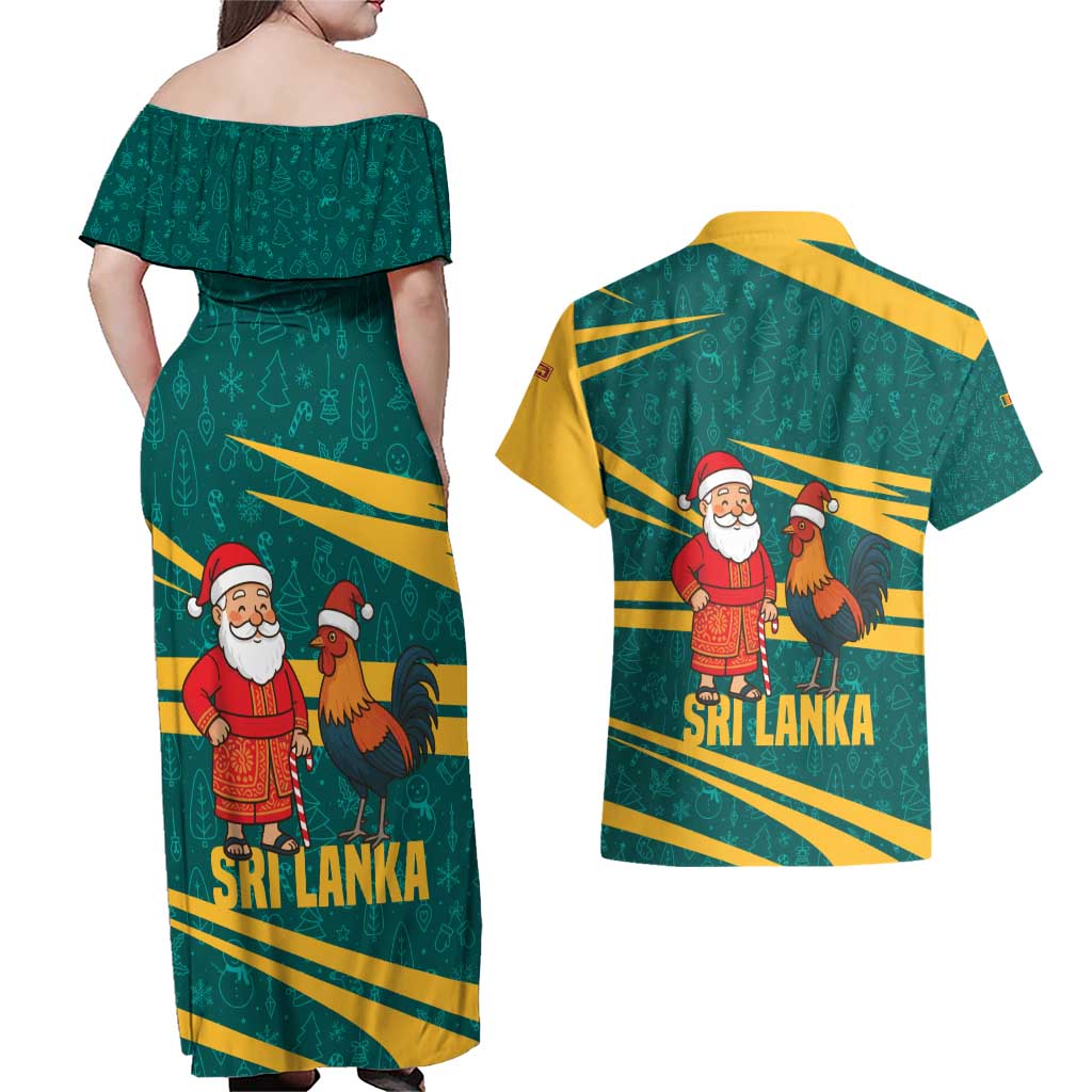 Sri Lanka Christmas Couples Matching Off Shoulder Maxi Dress and Hawaiian Shirt with Santa Claus Rooster Festive Pattern and National Flag Design - Wonder Print Shop
