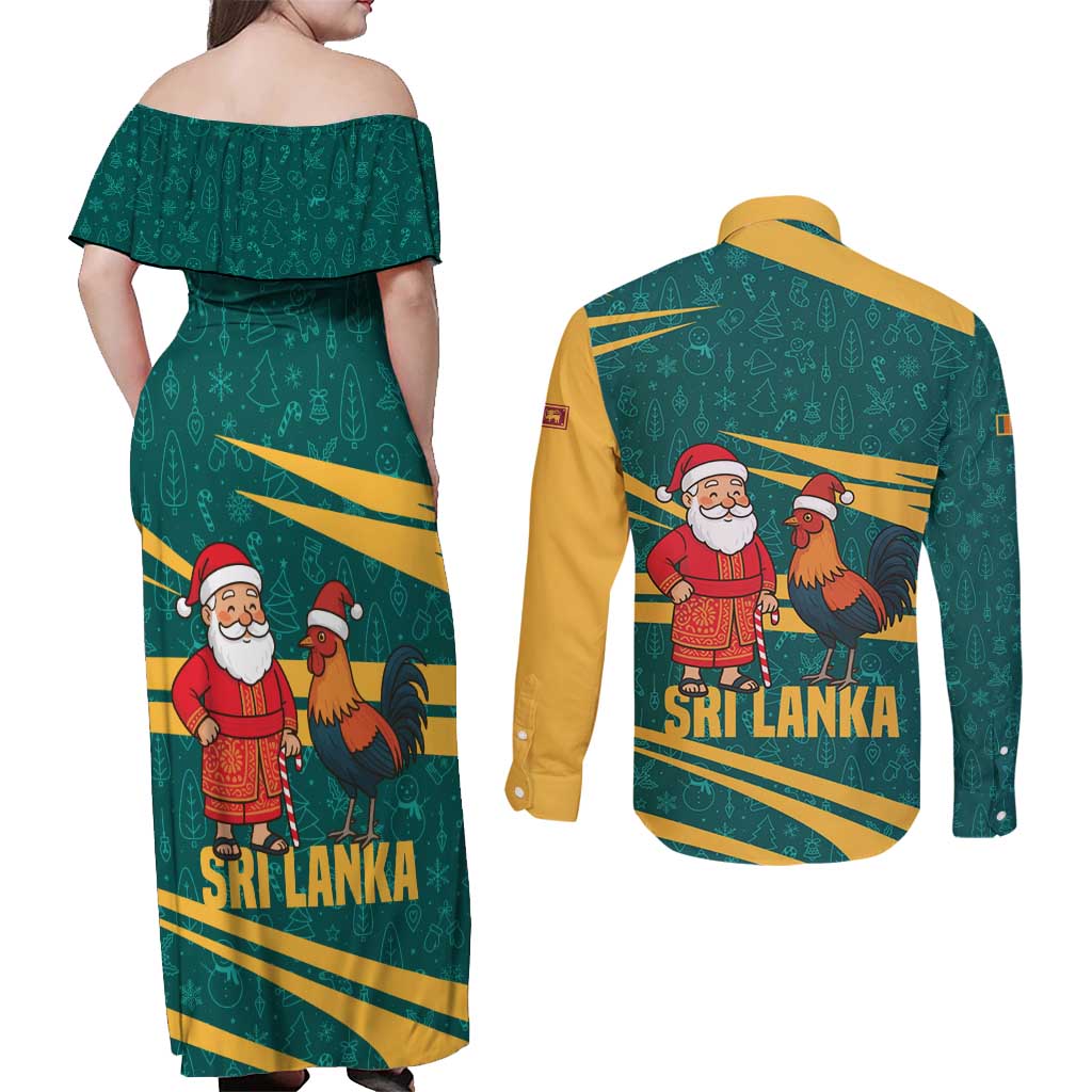 Sri Lanka Christmas Couples Matching Off Shoulder Maxi Dress and Long Sleeve Button Shirt with Santa Claus Rooster Festive Pattern and National Flag Design - Wonder Print Shop