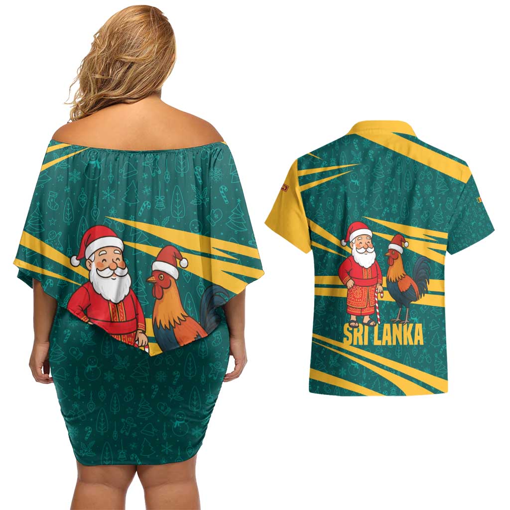Sri Lanka Christmas Couples Matching Off Shoulder Short Dress and Hawaiian Shirt with Santa Claus Rooster Festive Pattern and National Flag Design - Wonder Print Shop