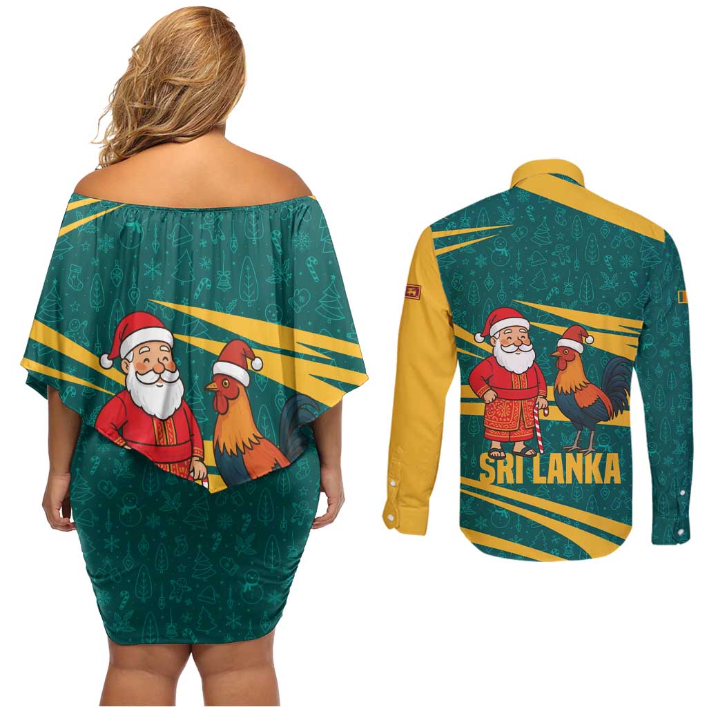 Sri Lanka Christmas Couples Matching Off Shoulder Short Dress and Long Sleeve Button Shirt with Santa Claus Rooster Festive Pattern and National Flag Design - Wonder Print Shop