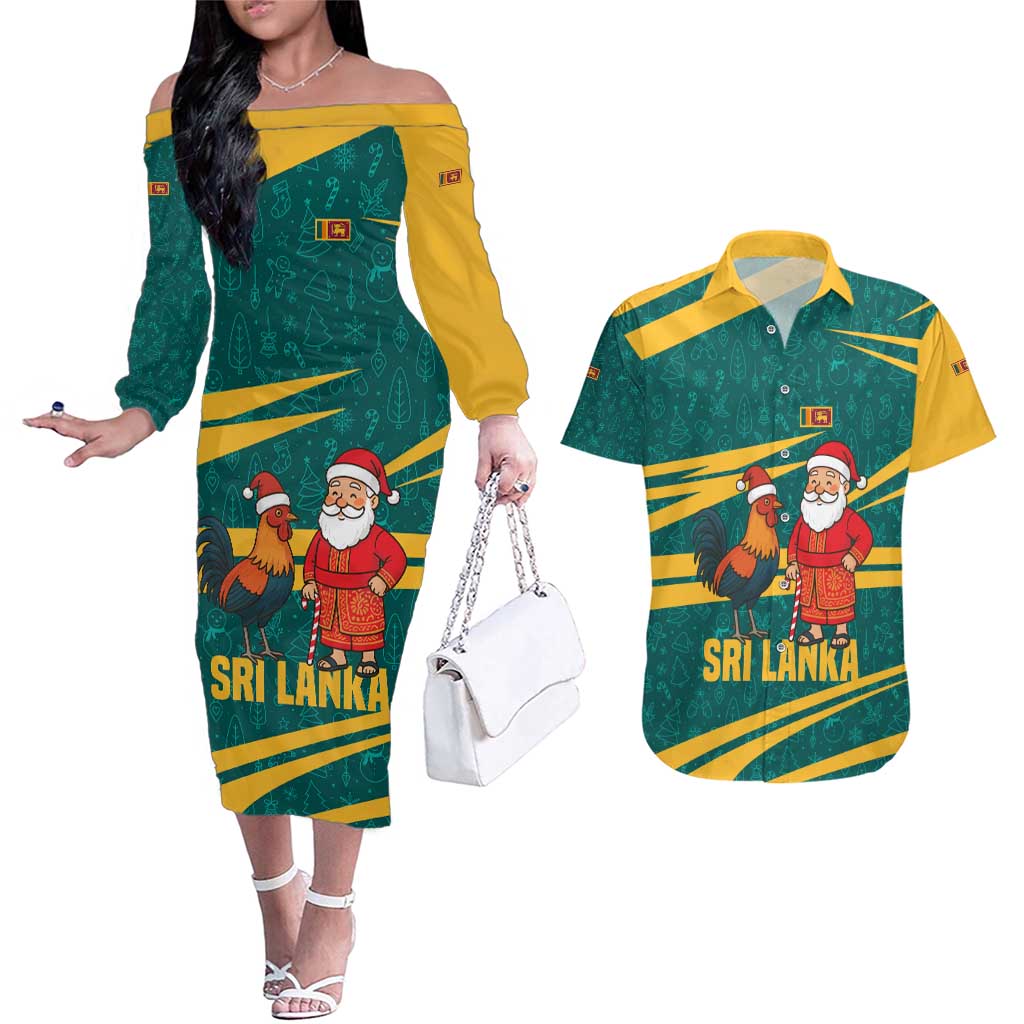 Sri Lanka Christmas Couples Matching Off The Shoulder Long Sleeve Dress and Hawaiian Shirt with Santa Claus Rooster Festive Pattern and National Flag Design - Wonder Print Shop