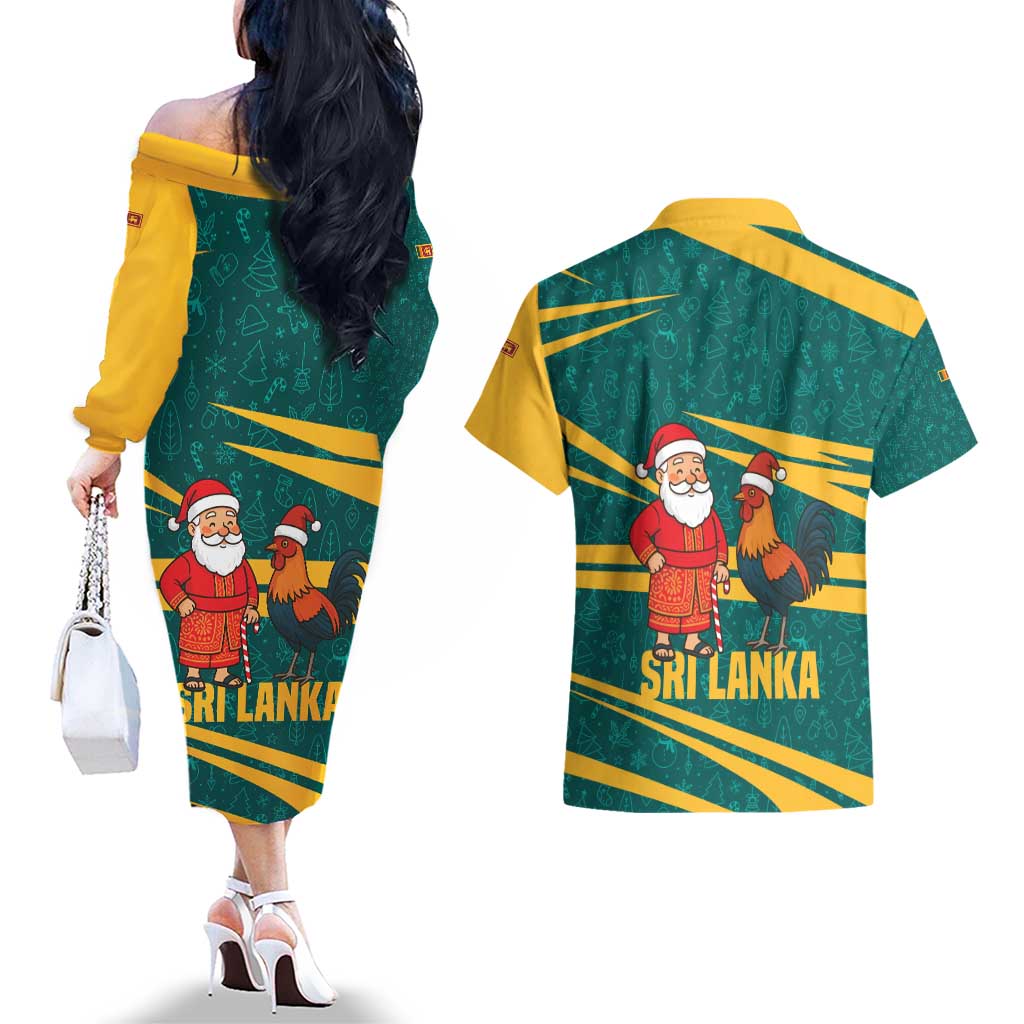 Sri Lanka Christmas Couples Matching Off The Shoulder Long Sleeve Dress and Hawaiian Shirt with Santa Claus Rooster Festive Pattern and National Flag Design - Wonder Print Shop